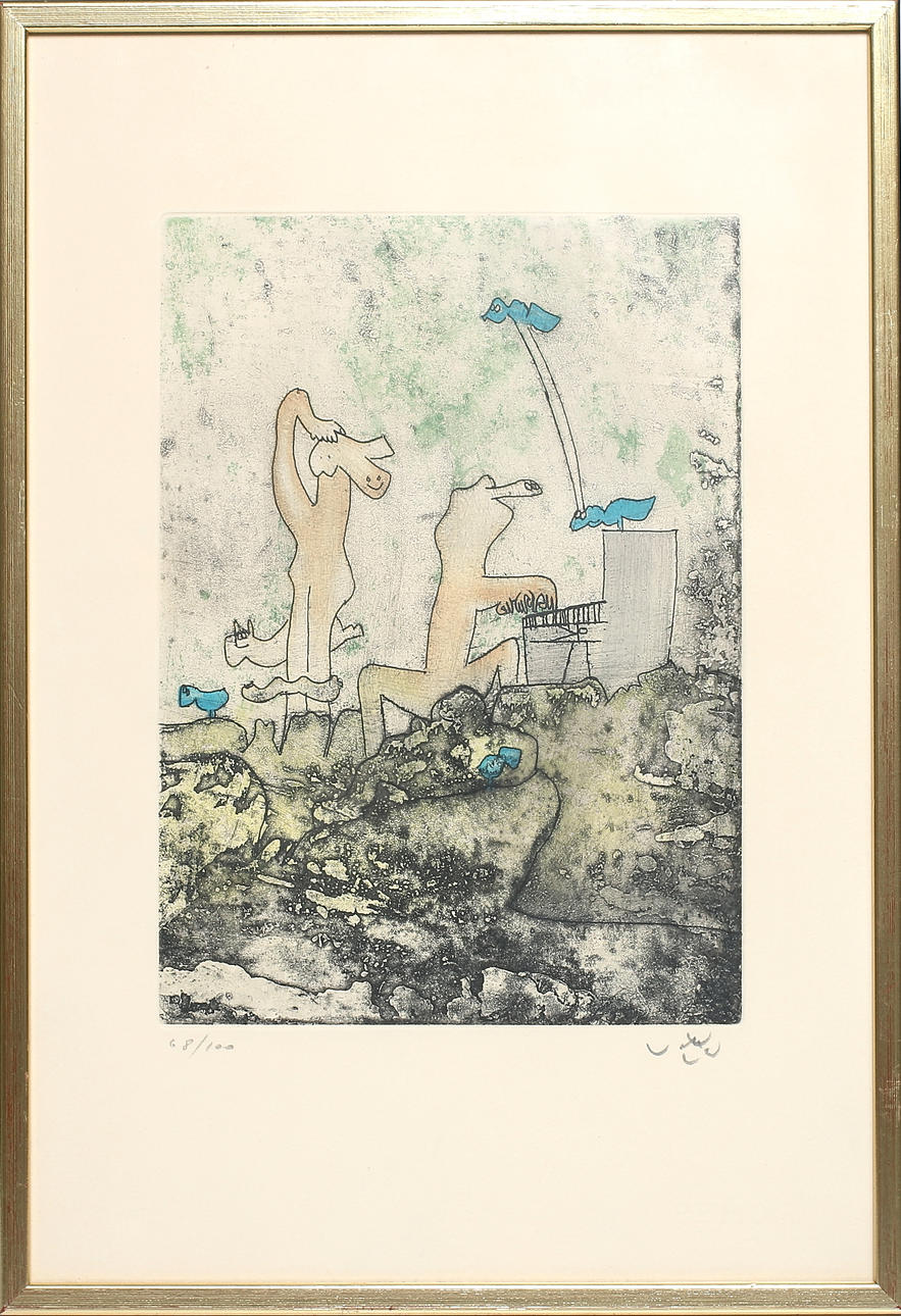 ROBERTO MATTA. Komposition med figurer, färgakvatint, signerad och numrerad 68/100.