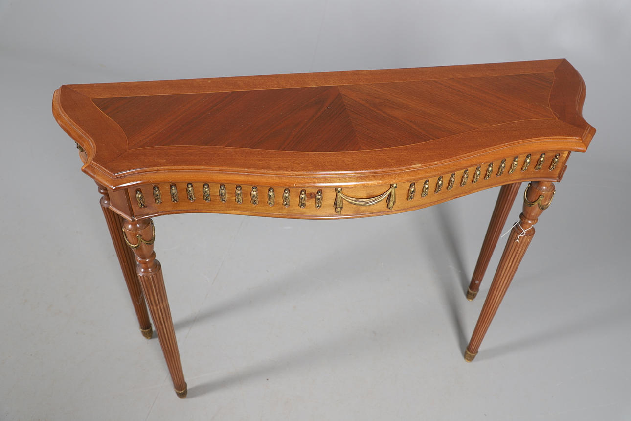 A REPRODUCTION LOUIS STYLE GILT METAL MOUNTED MAHOGANY BOXWOOD STRUNG ...