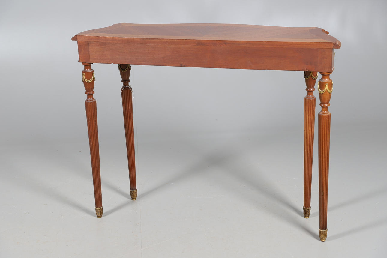 A REPRODUCTION LOUIS STYLE GILT METAL MOUNTED MAHOGANY BOXWOOD STRUNG ...
