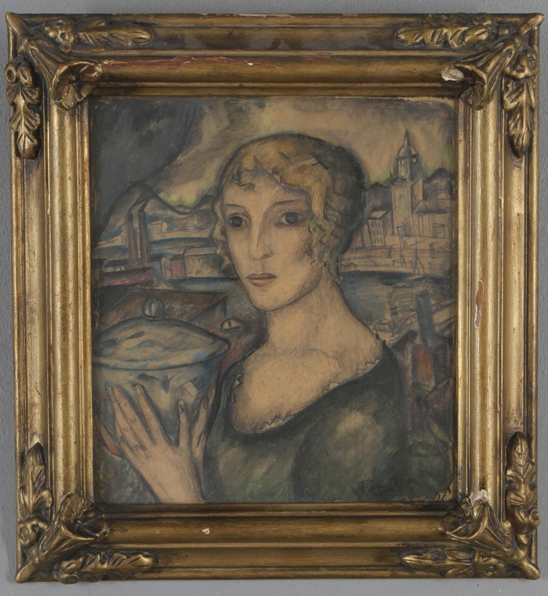 EINAR FORSETH. "Flickan med den blå skålen", blandteknik, signerad.