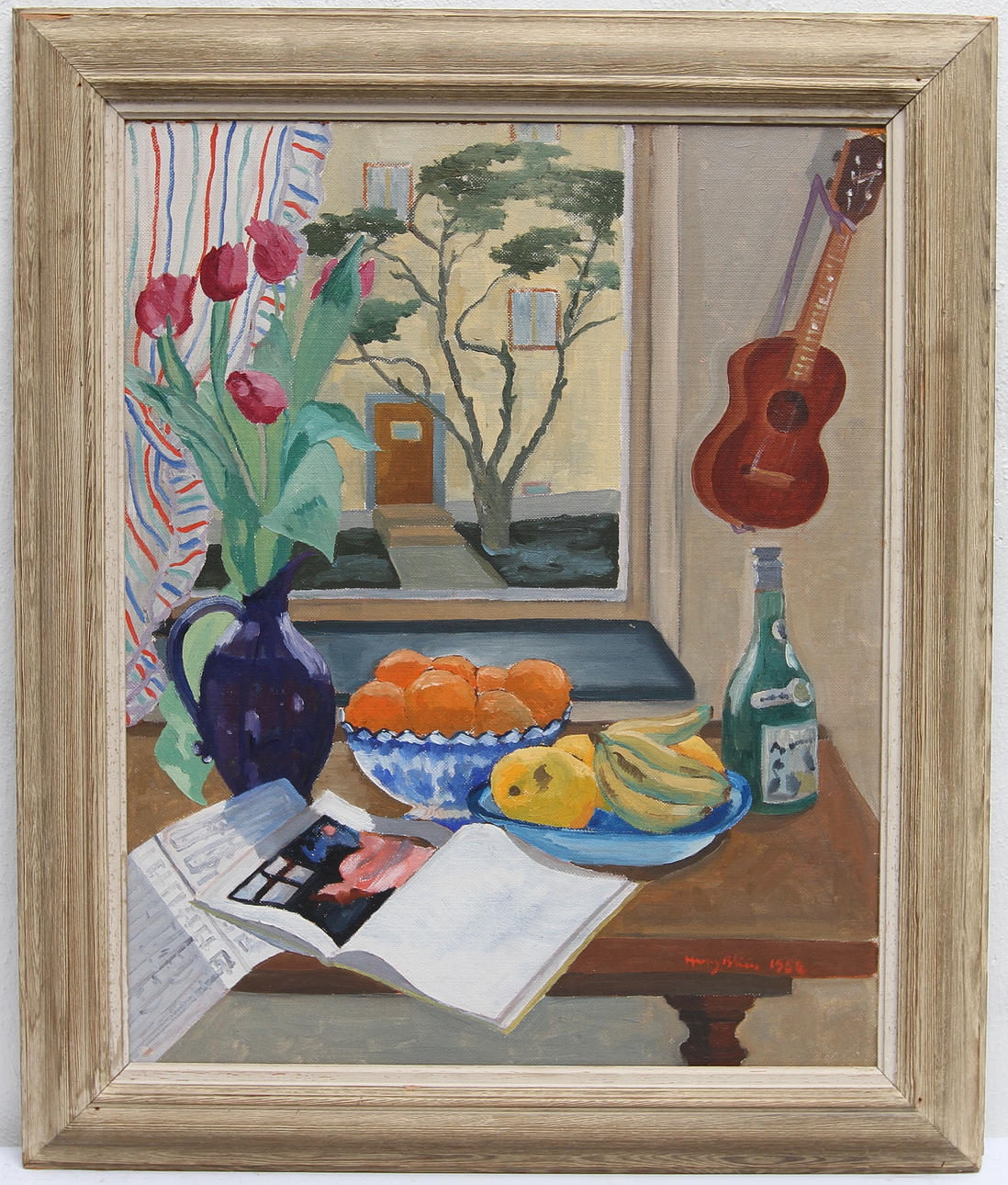 HARRY AHLIN. Uppställning med fönsterutsikt. Olja på pannå, signerad.