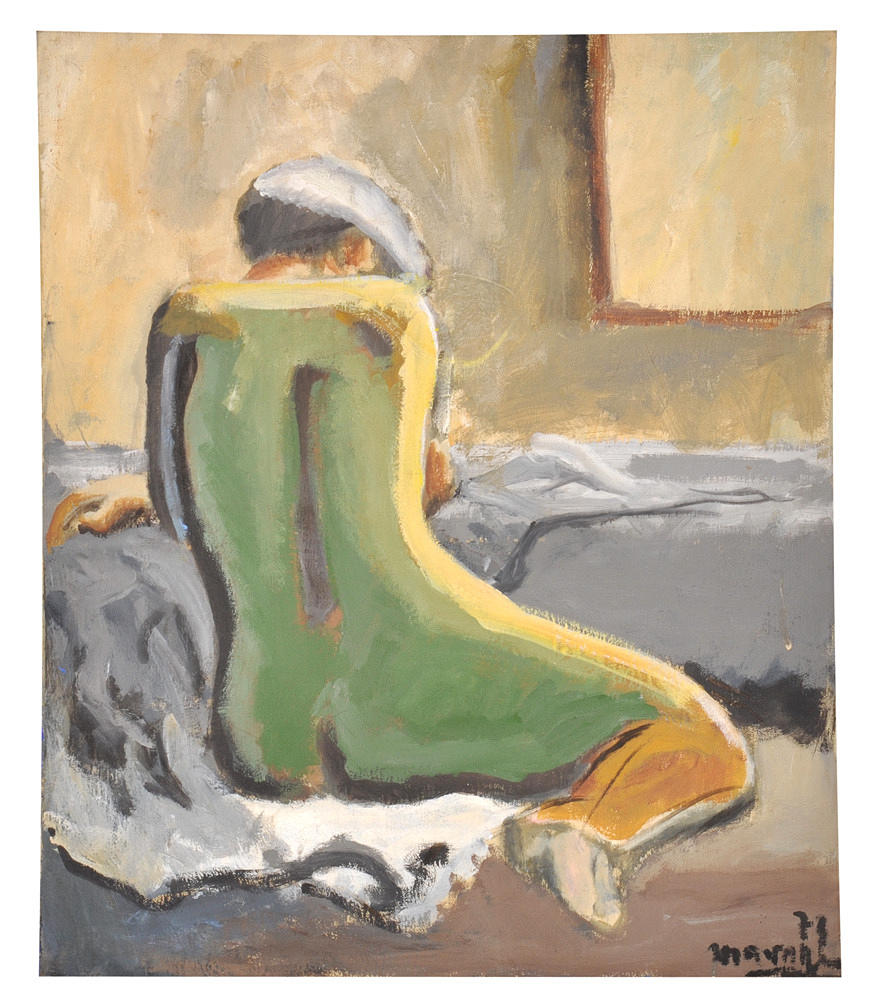 ÖLGEMÄLDE, STUDIE. Kvinnlig rygg naken, vänd mot fönstret, på soffan.