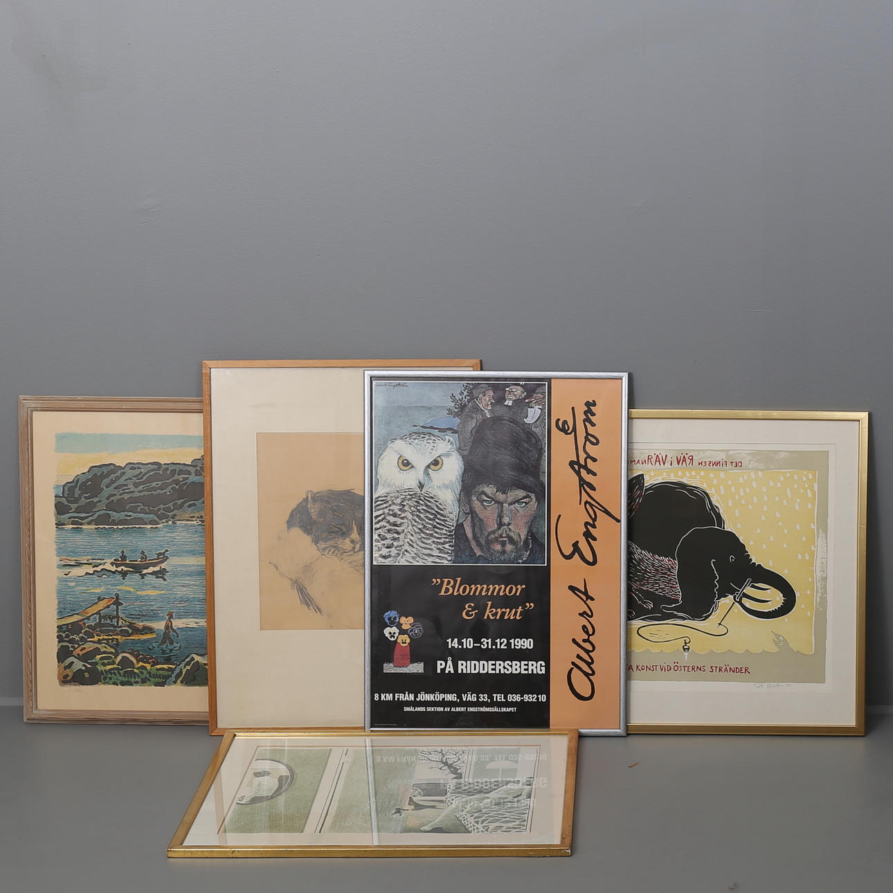 PARTI GRAFIK, 5 st, olika motiver, färglitografier/teckning, signerade bl a Folke Persson etc.