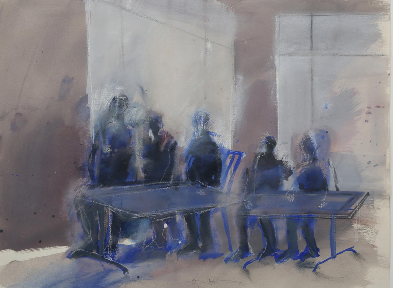 ÖRJAN WIKSTRÖM. Cafe interior. Mixed media, signed Örjan Wikström.