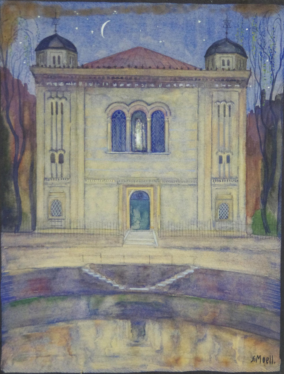 SVEN MOELL. Synagogan i Göteborg, akvarell, signerad S. Moell.