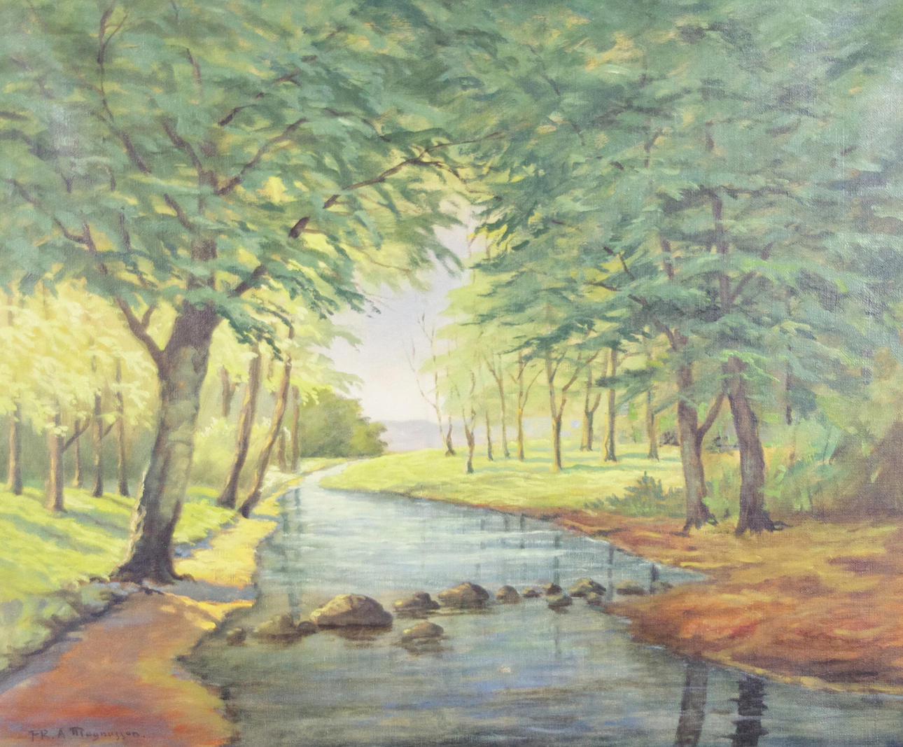 OIDENTIFIERAD KONSTNÄR. Skogslandskap med bäck, olja på duk, signerad FR.A. Magnusson.