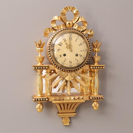 WALL CLOCK, gold pendulum, columns, mid 20th century.