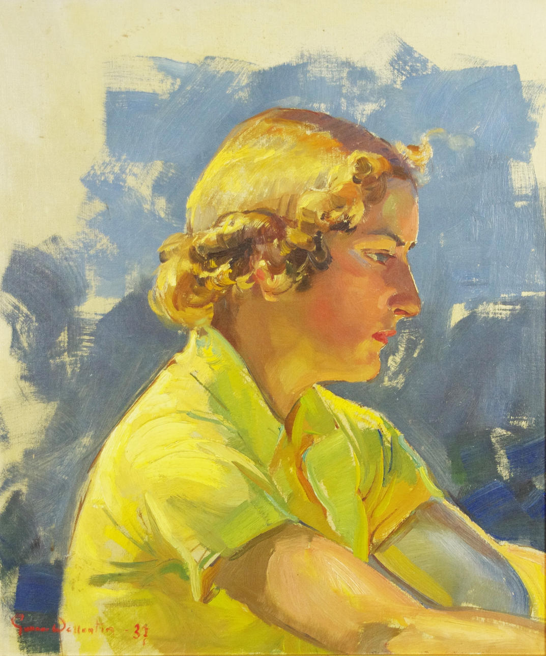 GUNNAR WALLENTIN. Porträtt, oljemålning uppklistrad på pannå, signerad -31.