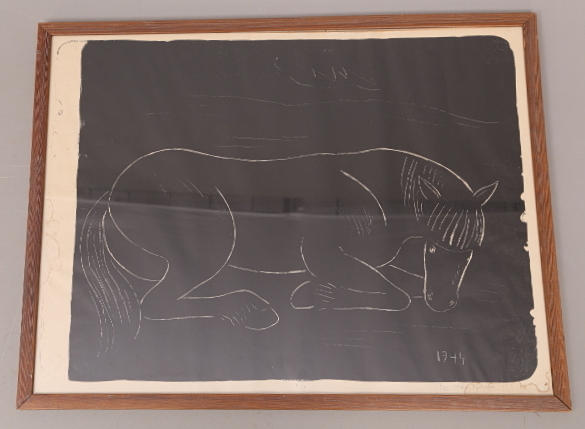 WALDEMAR SJÖLANDER. TAVLA, litografi 17/30, signerad Wald.Sjölander 1944, liggande häst.