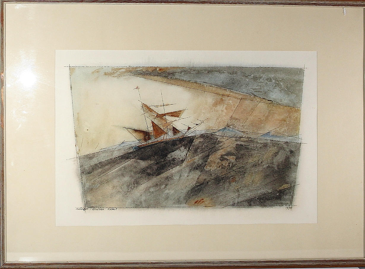 LYONEL FEININGER. offset tryck, " Stürmische Einfahre" daterad 1934.