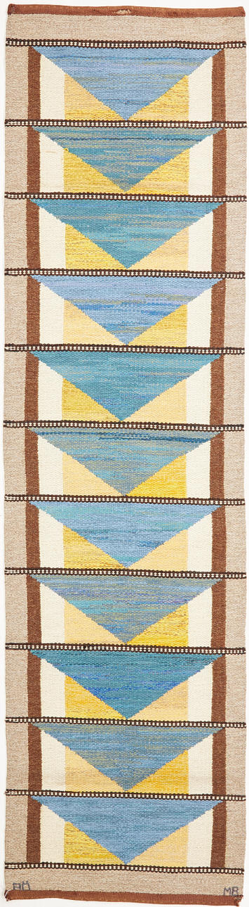 AGDA ÖSTERBERG / MONICA BERTILSSON. Carpet, yarrow, gallery model, signed, polychrome modernist composition, Tre Bäkker, Varnhem circa 1950-1960's.