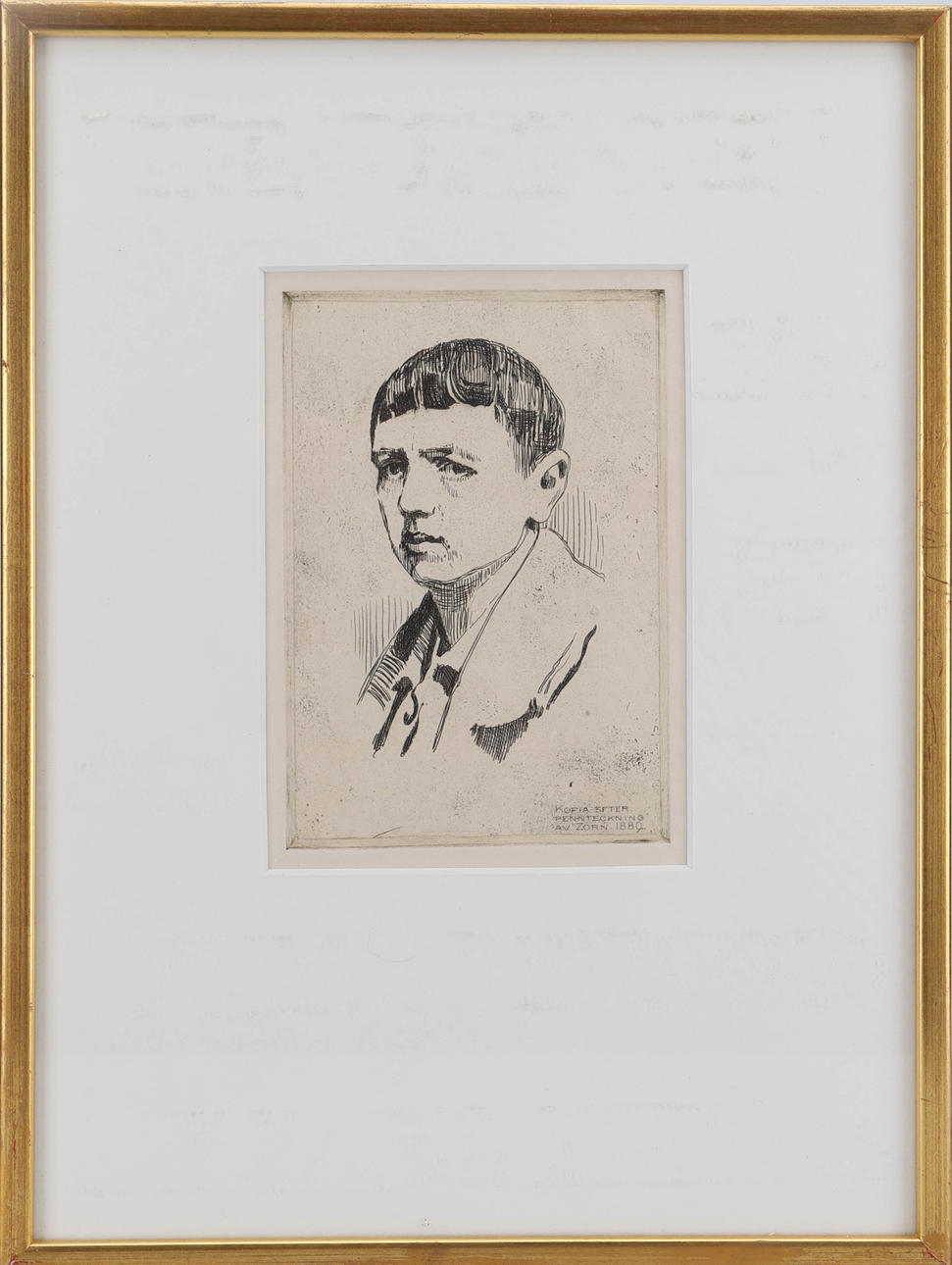 ANDERS ZORN. Self-portrait, marked 'copy after pen drawing by Zorn 1880', etching, unsigned.