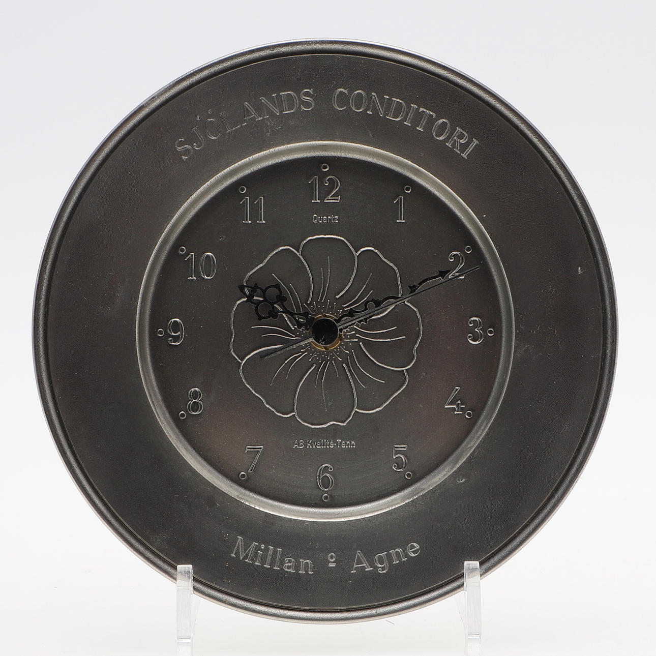 WALL CLOCK, pewter, Sjölands Konditori, quartz.