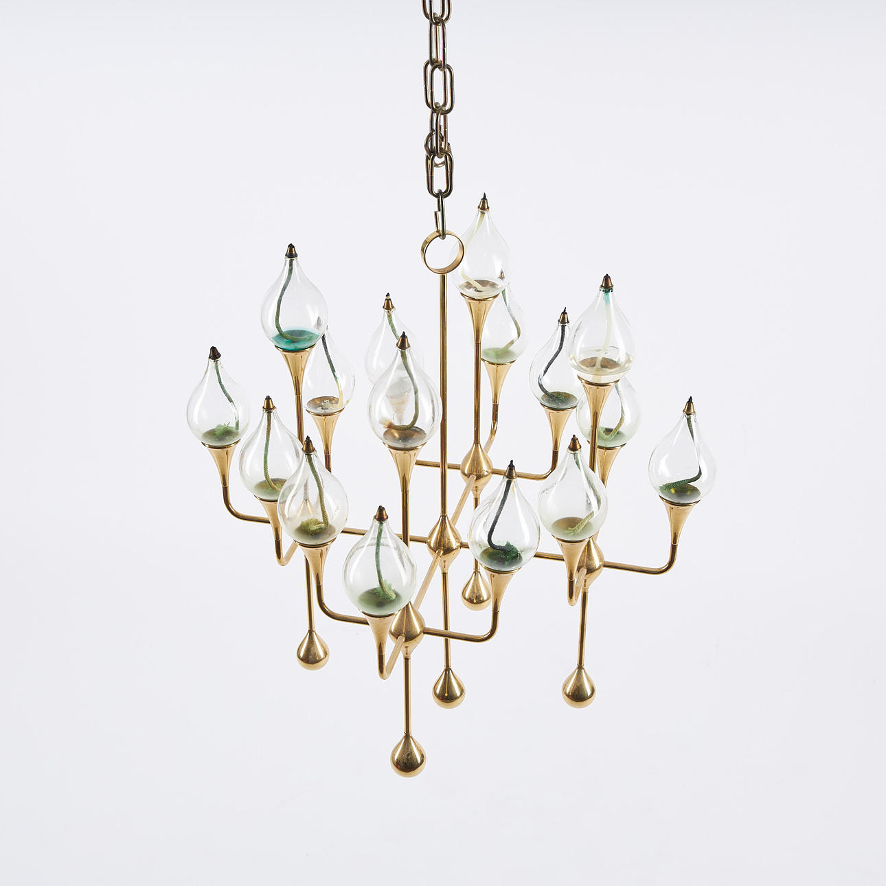 DECKENLEUCHTE/ÖLLAMPE, Clear Drops, Messing, Design Freddie Andersen, ca 1970.