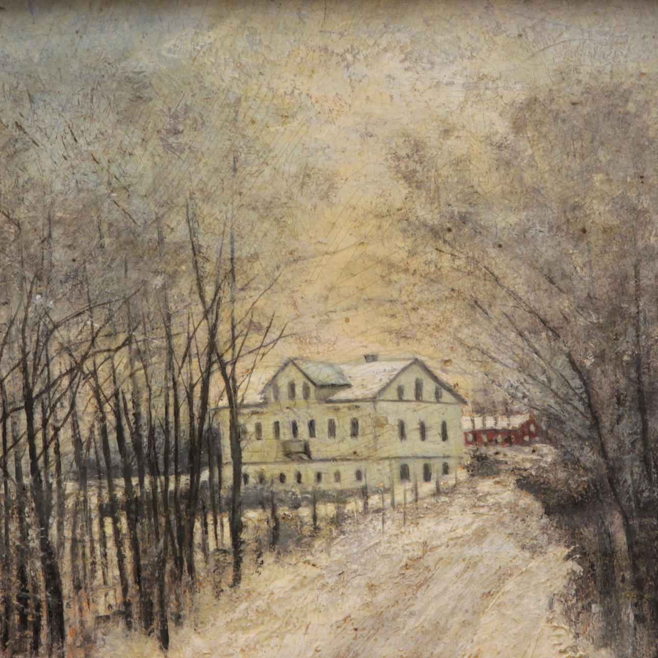 OIDENTIFIERAD KONSTNÄR. Olja pannå, hus i vinterlandskap, 1800-tal.