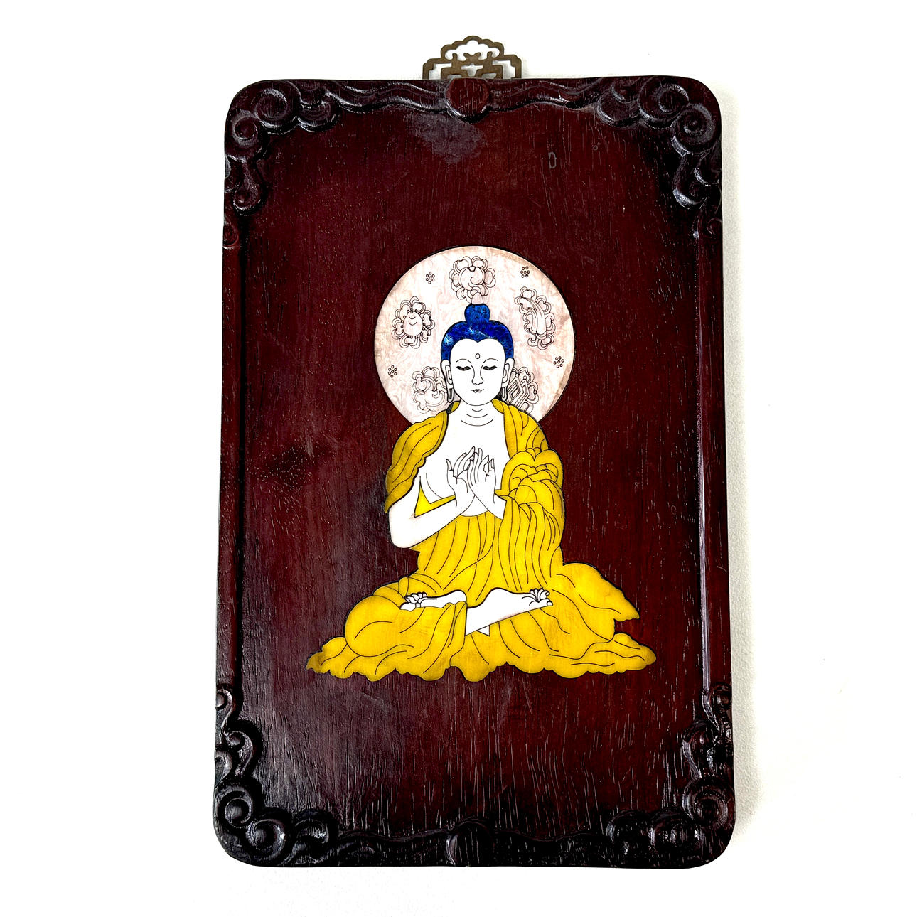 KIINALAINEN ISTUVA BUDDHA-UPOTETTU PUUPANEELI.