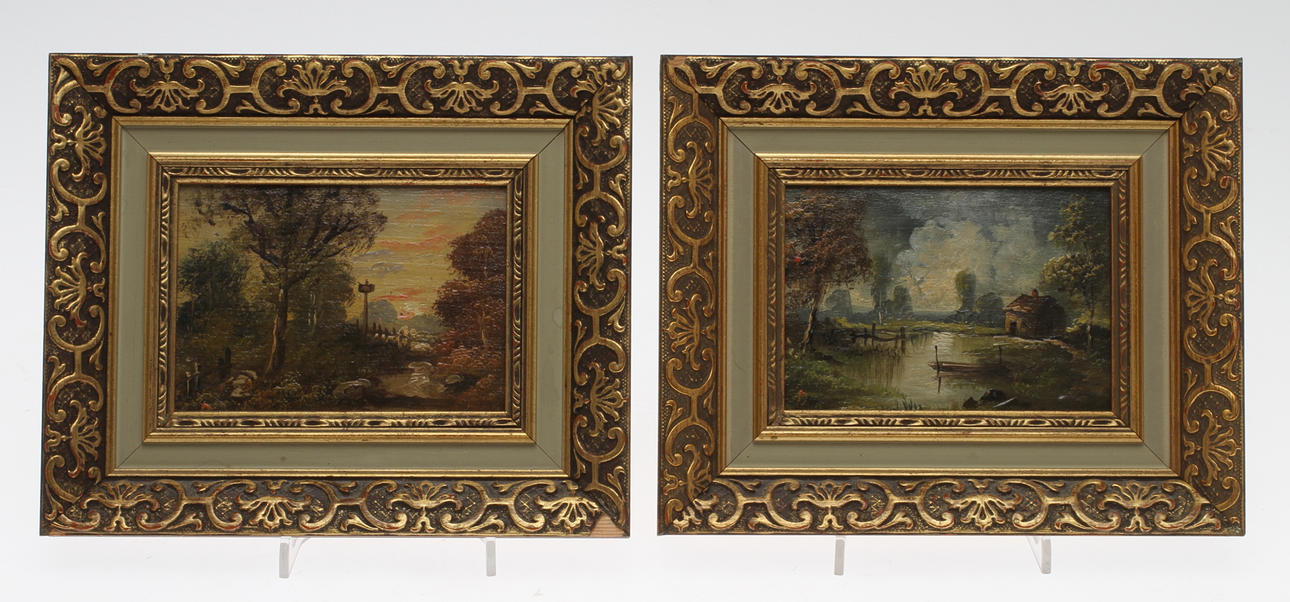 OKÄND KONSTNÄR. Pastorala landskap, olja på pannåer, osignerade.