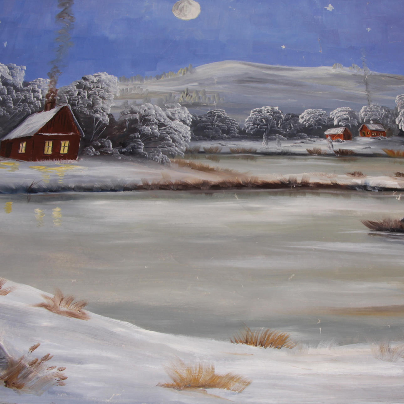 OIDENTIFIERAD KONSTNÄR. Olja på duk, stugby vid sjö i vinternatt, omkring sekelskiftet 1900, 120 x 240 cm.