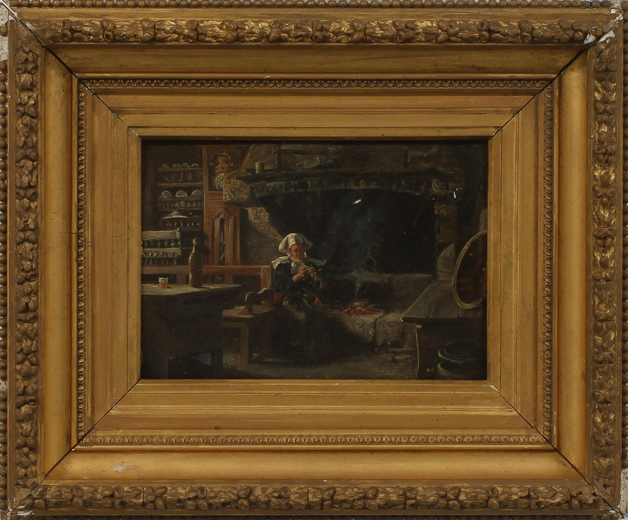 OIDENTIFIERAD KONSTNÄR. Interiör med figur, olja på pannå, 1800-tal.