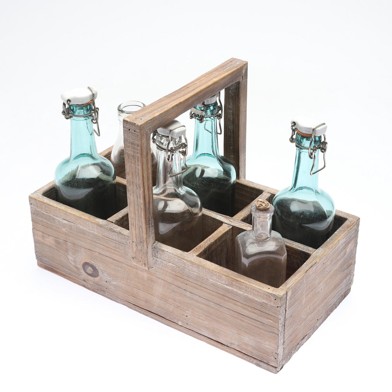 GLASFLASKOR, med flaskställ, 7 delar, bl a Årnäs Bruk, 1900-tal.