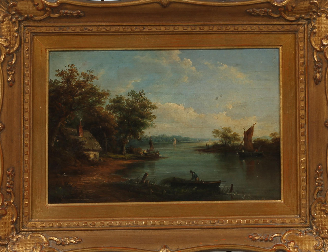 OIDENTIFIERAD KONSTNÄR. Båtar i sjölandskap 1800-tal. Olja på duk. Bär signatur.