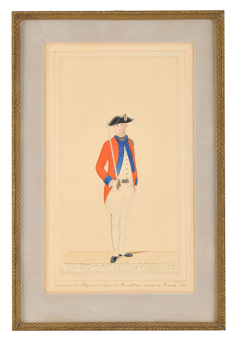 GOUACHE, SIGNIERT R. BADER. Porträtt av schweizisk soldat från 1700-talet.