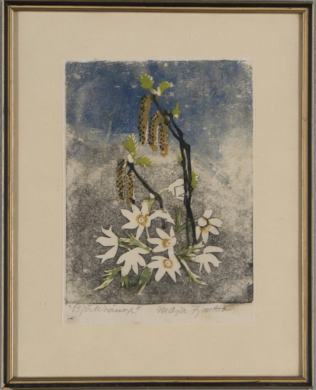 MAJA FJAESTAD. "Björkhänge", träsnitt, signerad.