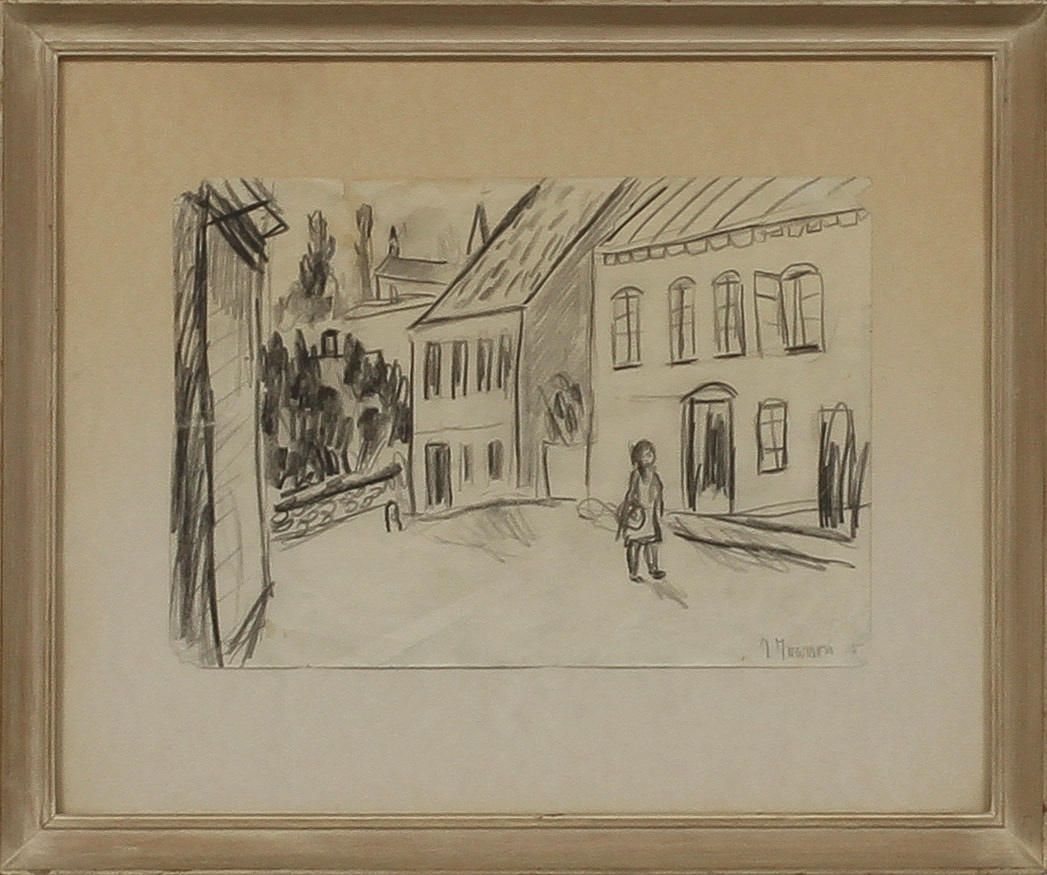 IVAN IVARSON. Kvinna i fransk by. Kolteckning.