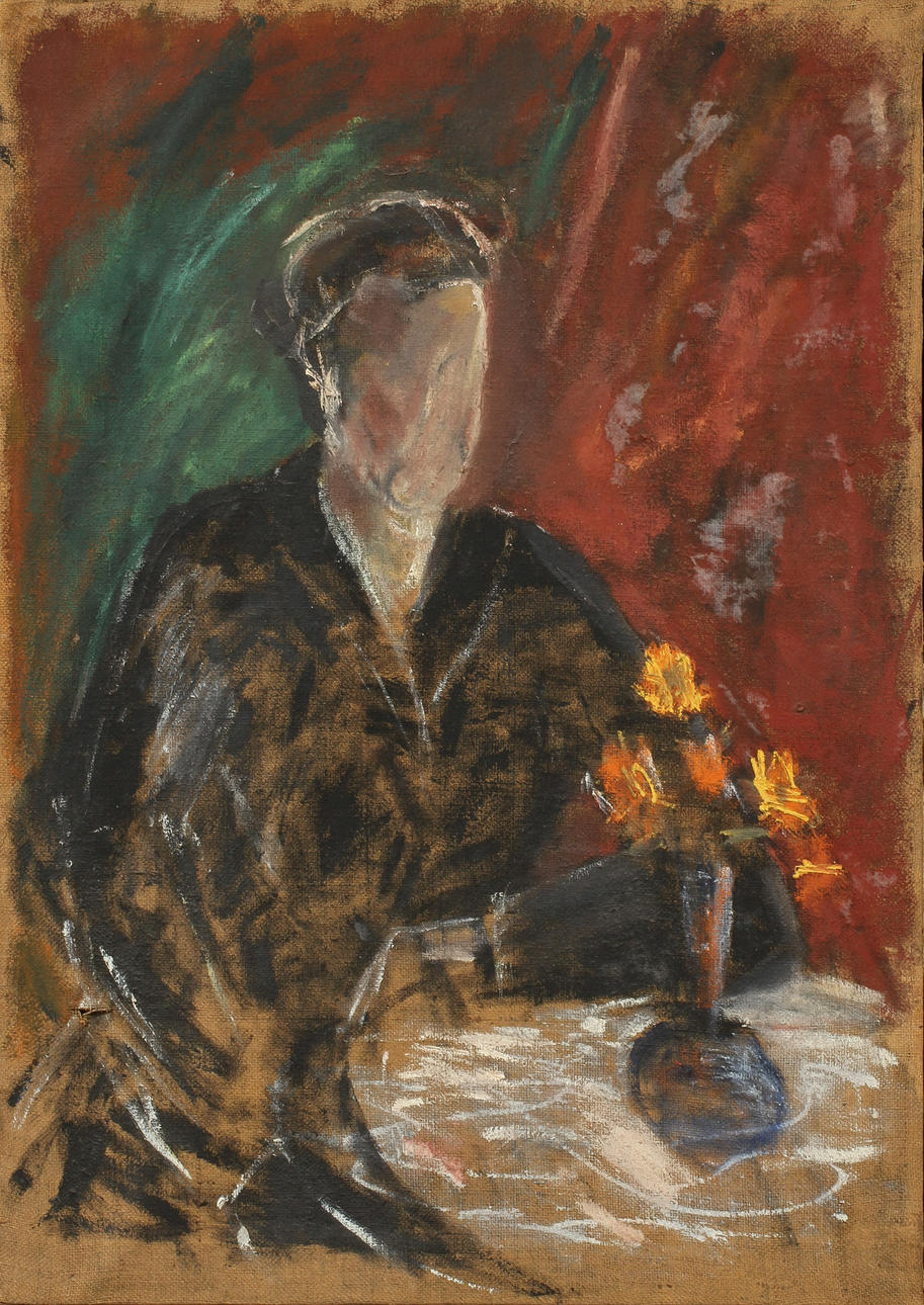 IVAN IVARSON. TILLSKRIVEN. Skiss föreställande kvinna vid bord med gula blommor. Olja på säckväv. osignerad.