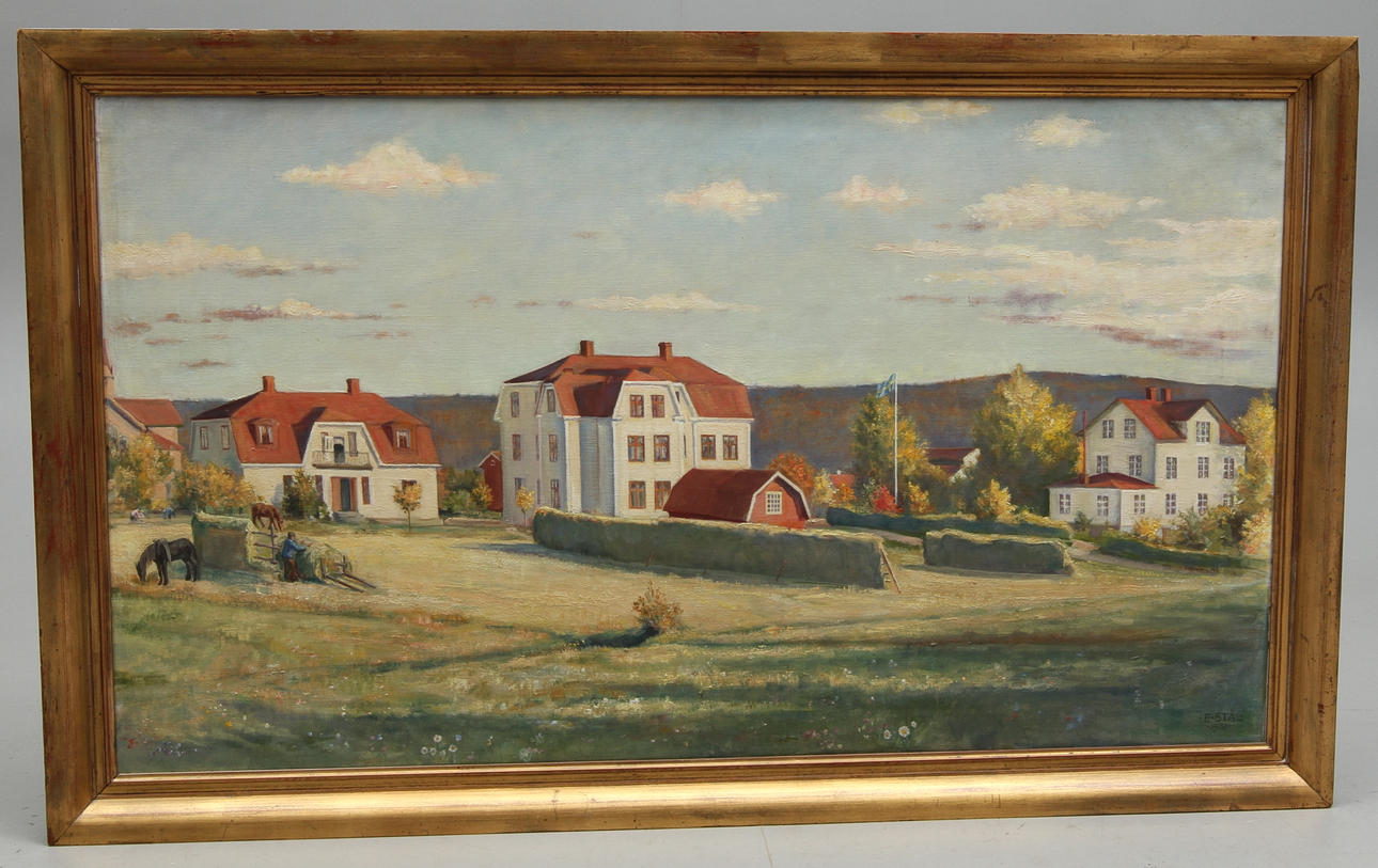 OKÄND KONSTNÄR. Bymotiv, olja på duk, signerad E. Stål 1931.