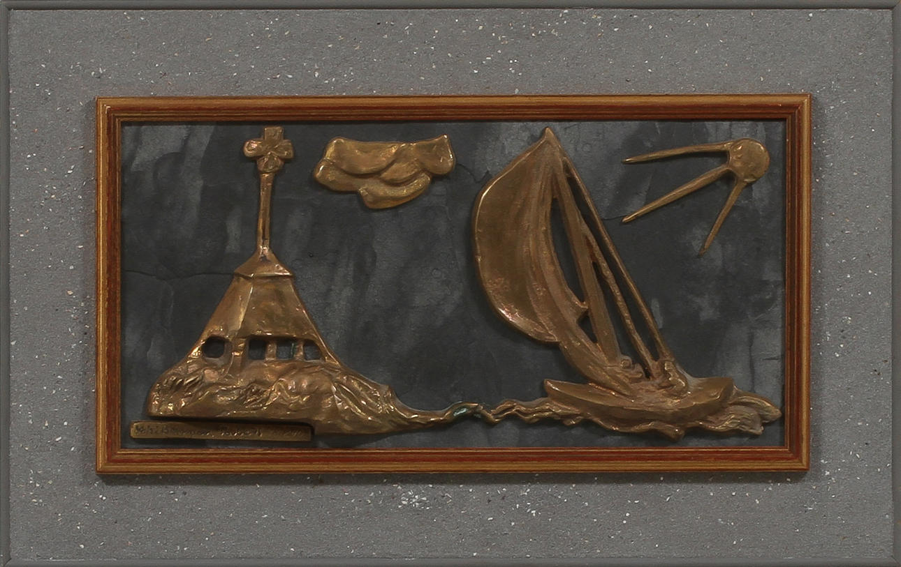 ASTRI BERGMAN-TAUBE. Båt vid fyr. Väggrelief, brons på skiffer. Signerad och numrerad 98/240.