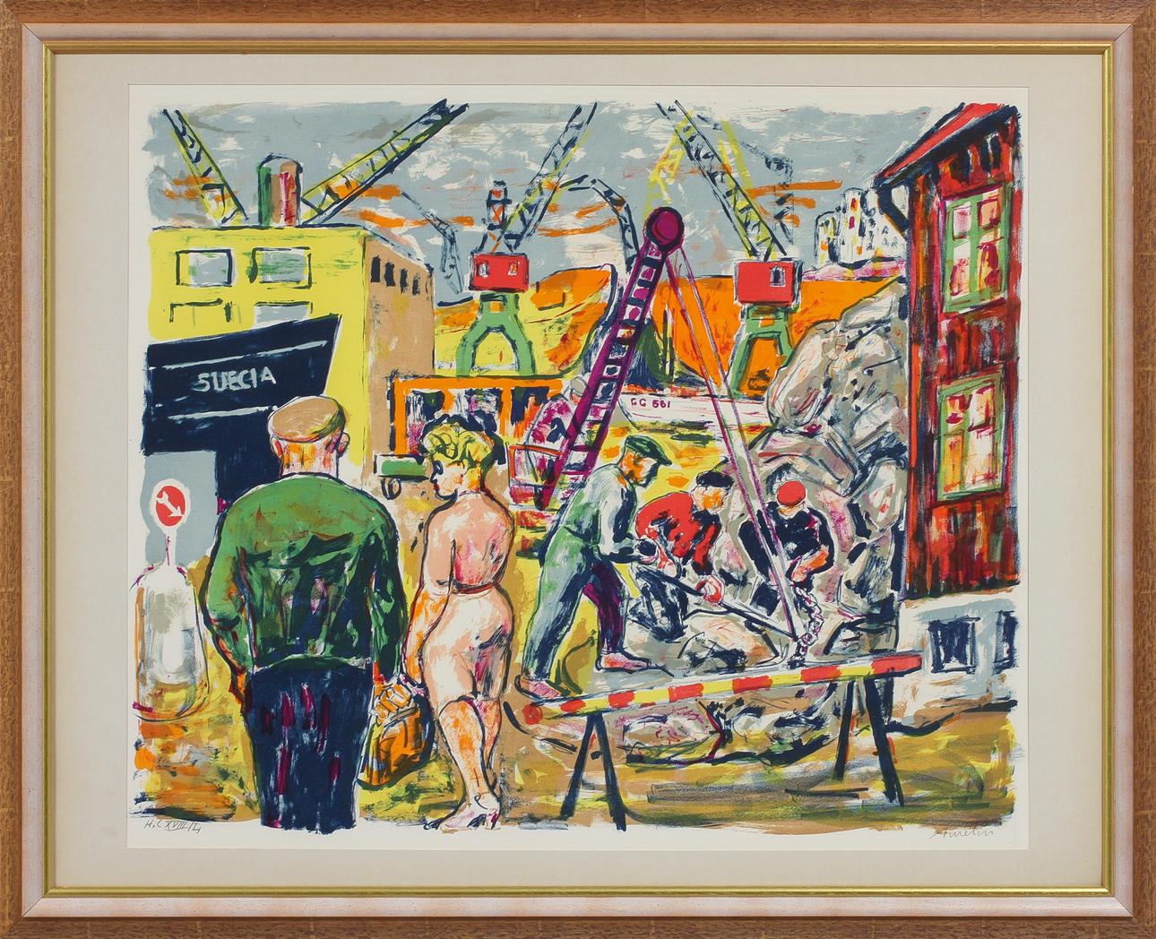 ALBIN AMELIN. Hamnarbetare, färglitografi, signerad och numrerad.