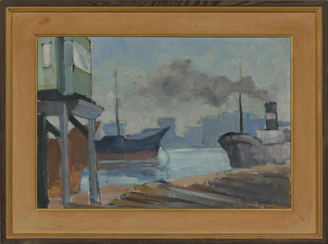 GUNNAR STÅLBRAND. Hamnbild, olja på pannå, signerad och daterad 59.