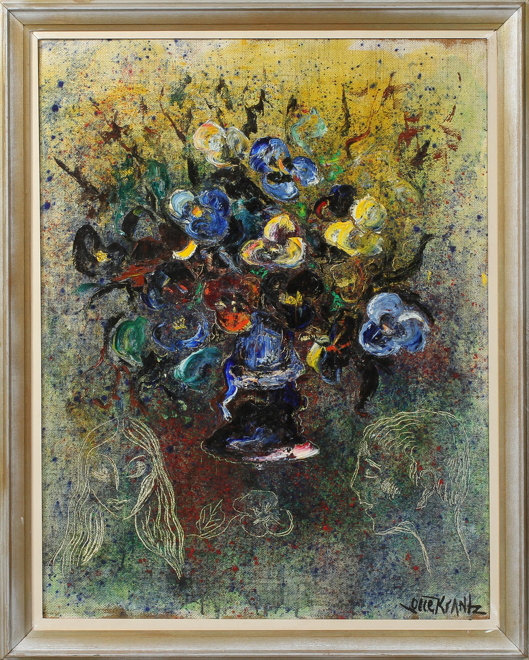 OLLE KRANTZ. Blommor och ansikten, olja på duk, signerad.