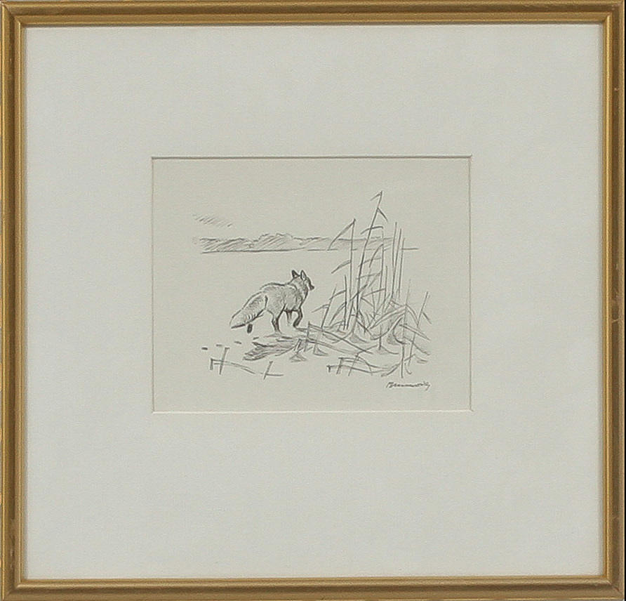 GUNNAR BRUSEWITZ. Landskap med räv, tusch, signerad.