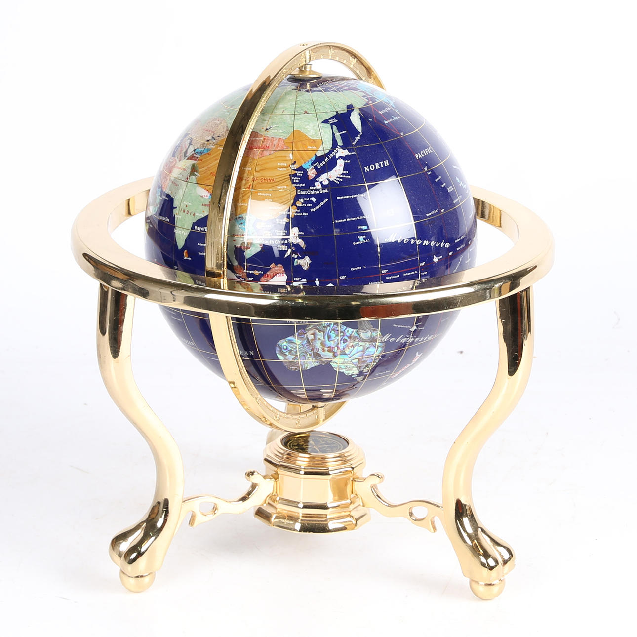 A SEMI-PRECIOUS STONE SET WORLD GLOBE.