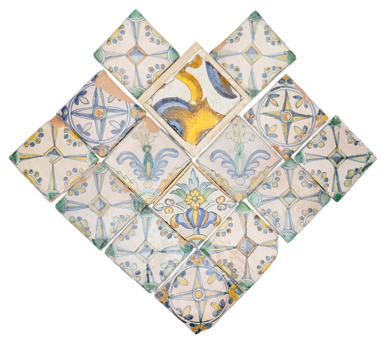 Set of thirteen tiles and two Levantine tiles 18th and 19th centuries.