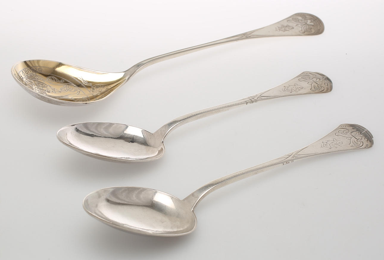 SILVER SPOONS, 3 pieces. Serving spoon, table spoons, 2 pcs. 1900s.