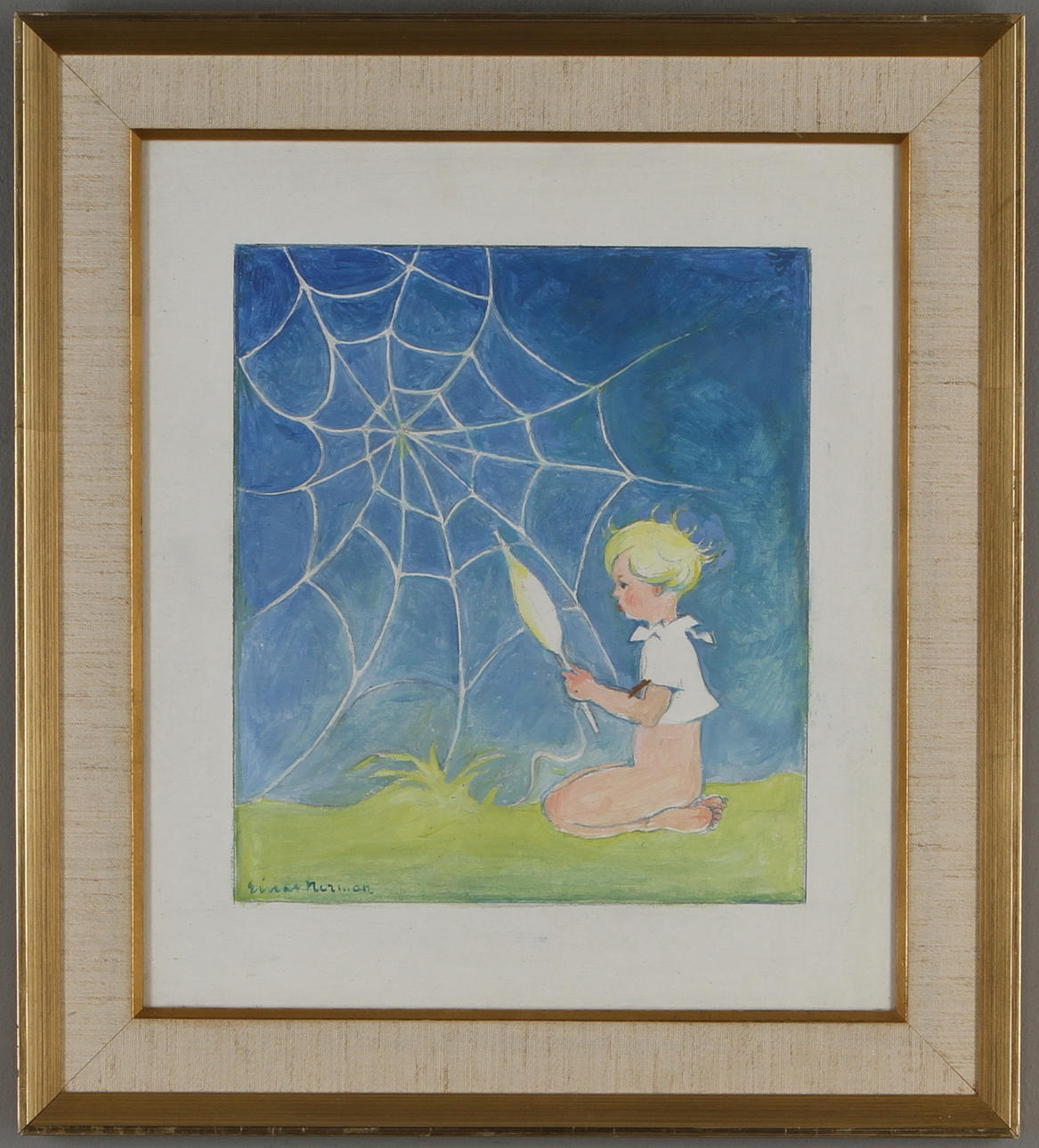 EINAR NERMAN. Pojke och spindelnät, blandteknik, signerad.