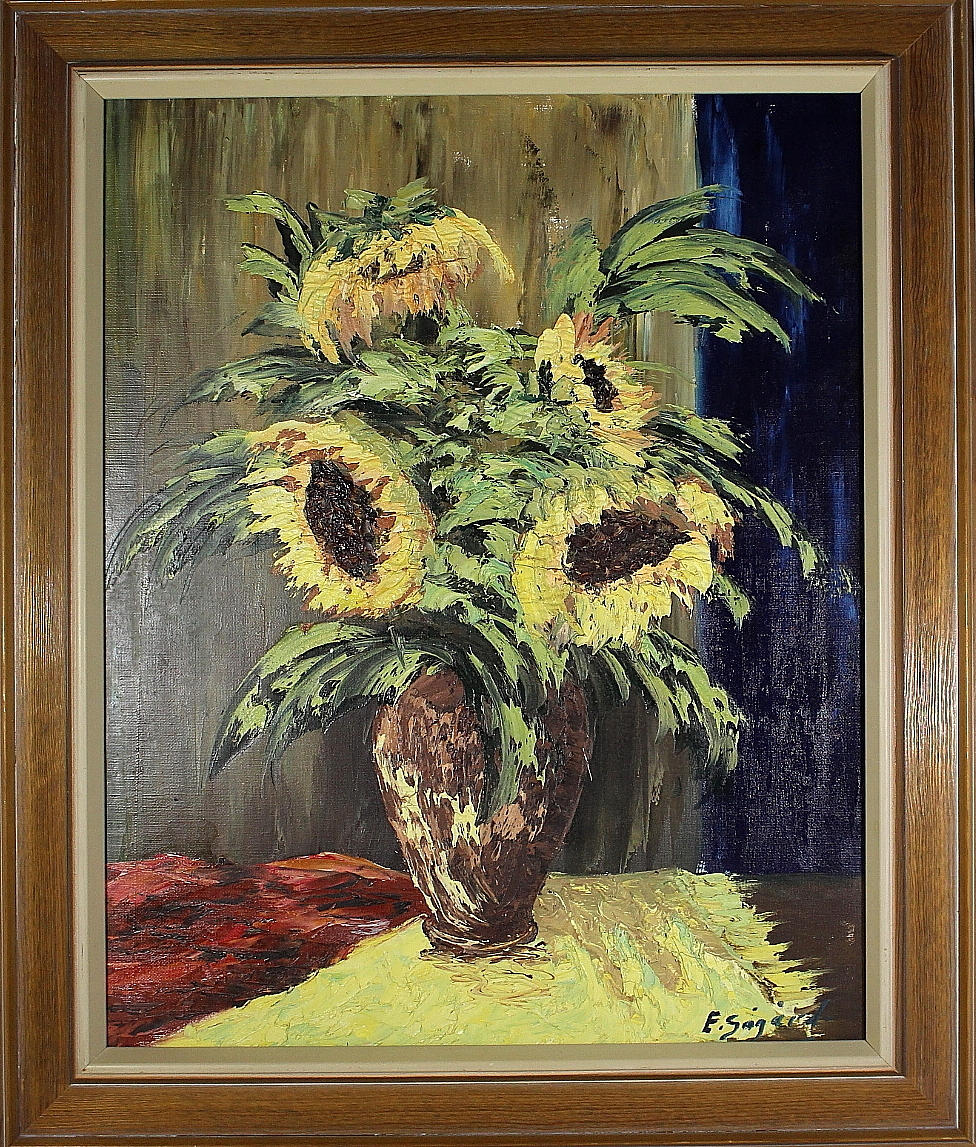 OIDENTIFIERAD KONSTNÄR. olja på duk, "blomstilleben " signerad E Sörgård.