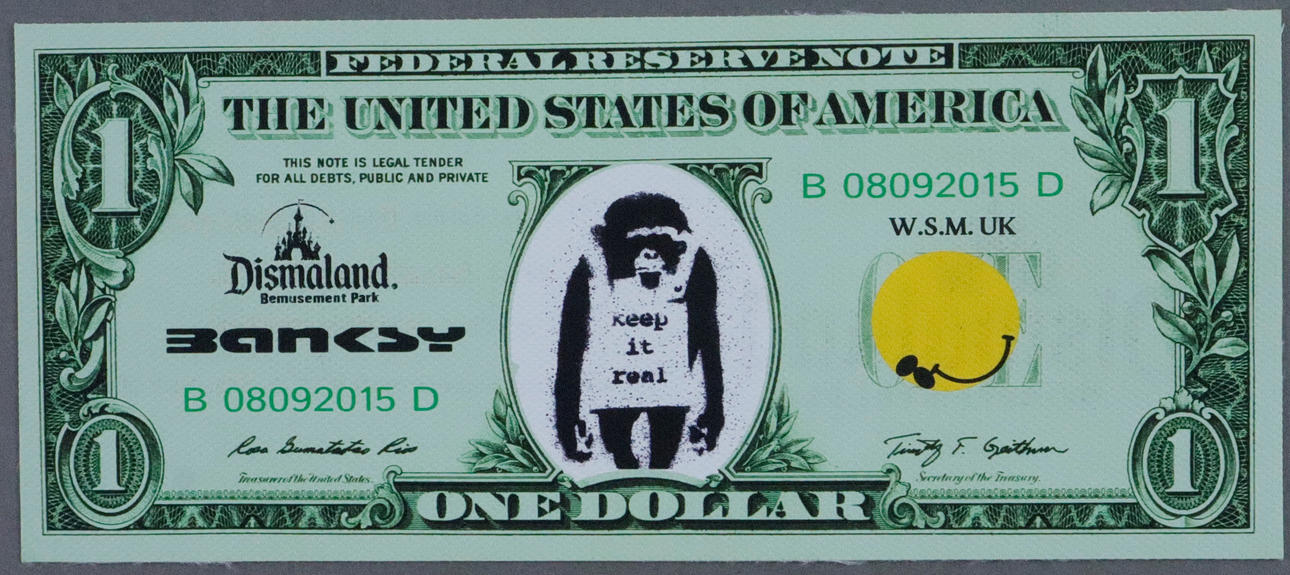 - BANKSY - “Dismal 1 Dollar Canvas” with “Keep it real” design, 2015.