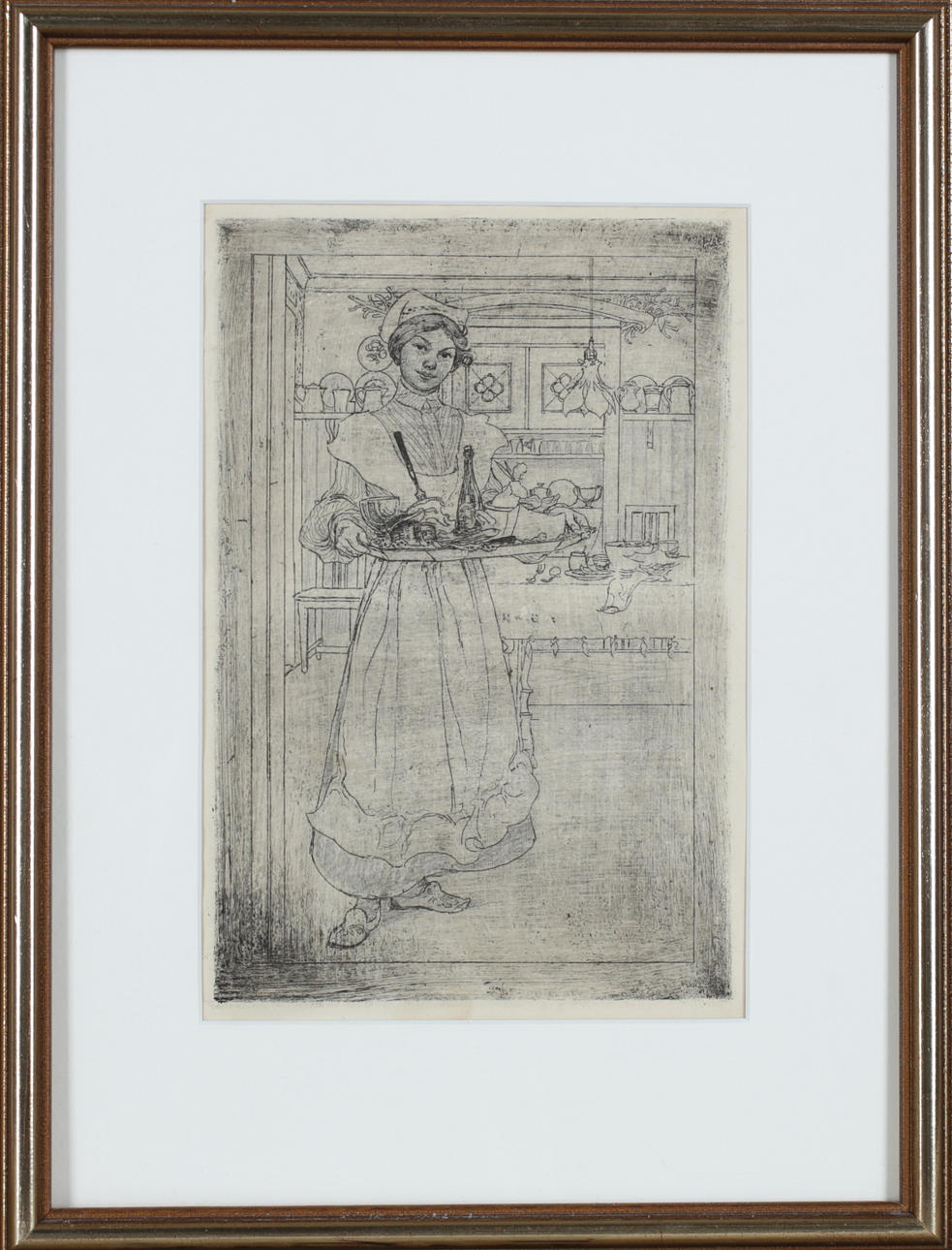 CARL LARSON. “Martina with the breakfast tray”, etching, watermark, unsigned.