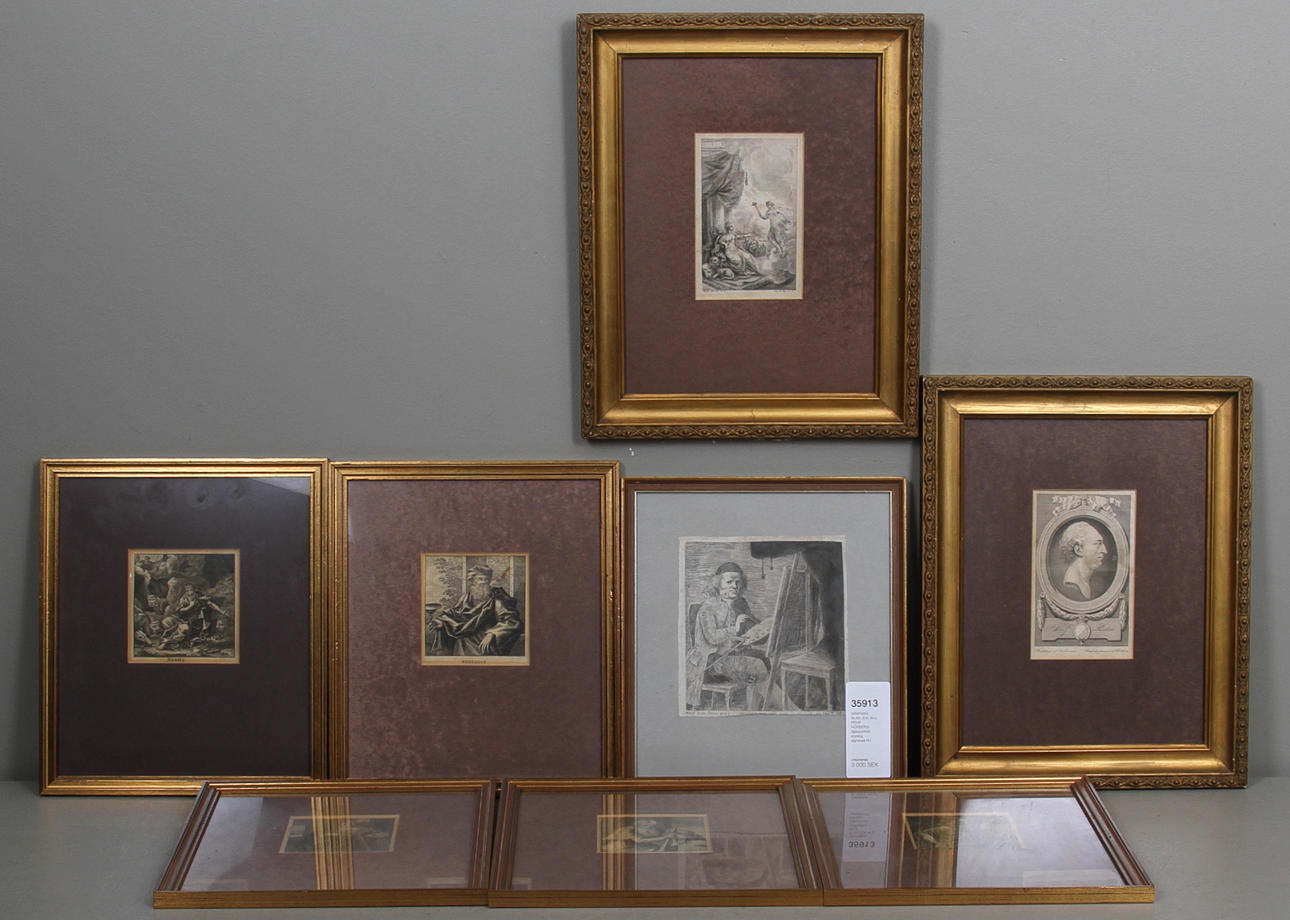 GRAFISKA BLAD, 8 st, bl.a. PEHR HÖRBERG. Självporträtt etsning, signerad PH.