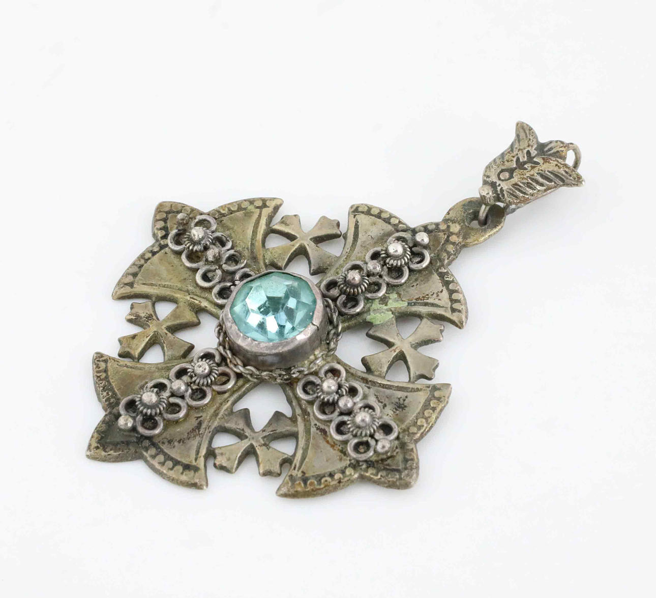 ANHÄNGER, Kreuz, Jerusalem, Silber, blauer Stein.