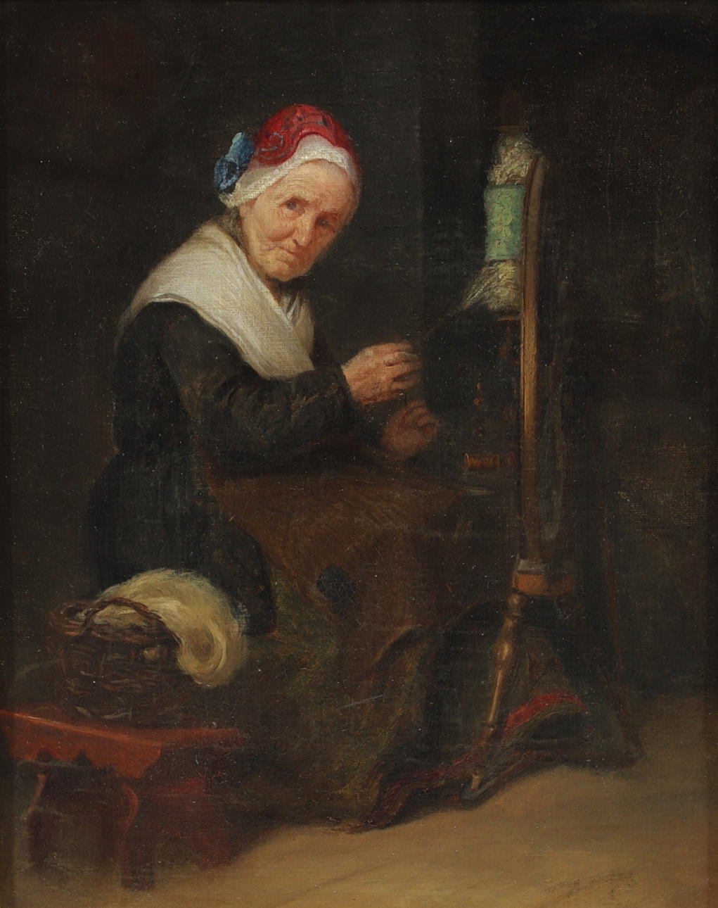 OIDENTIFIERAD KONSTNÄR. Spinnerska, olja på duk, osignerad.