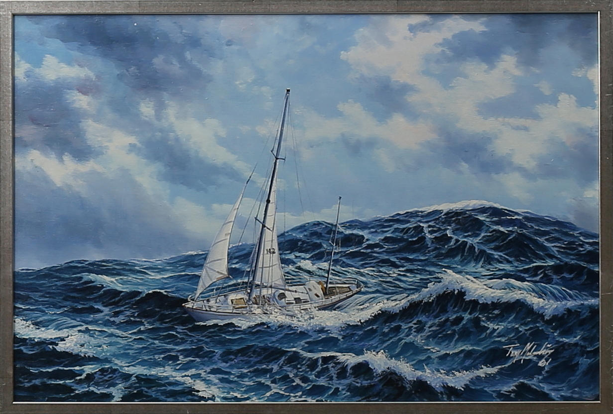 TONY MALMSTRÖM. Segelbåt i storm. Olja på duk, sigenrad och daterad 61.