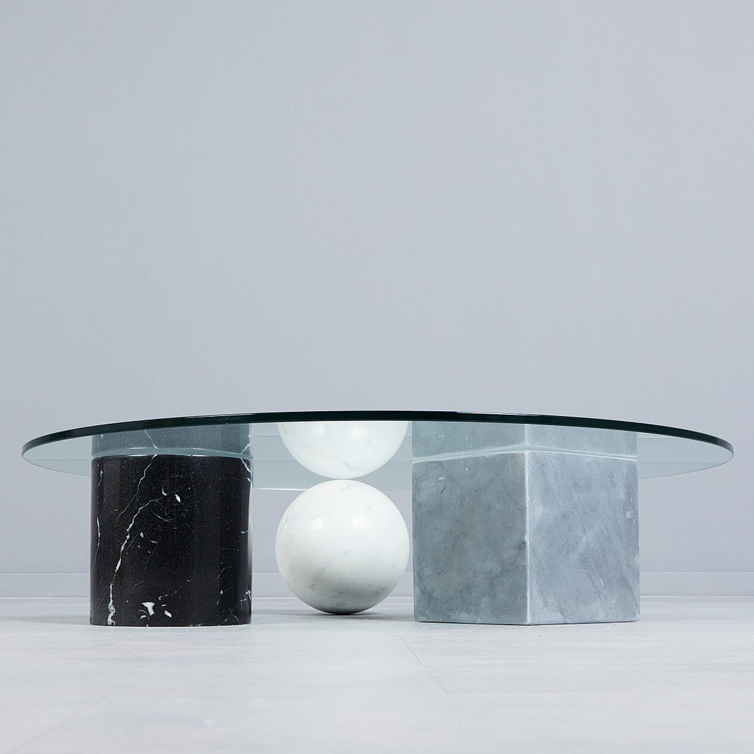 MASSIMO UND LELLA VIGNELLI. for Casigliani, coffee table/side table, model 'Metafora', glass, marble, designed 1979, Italy.