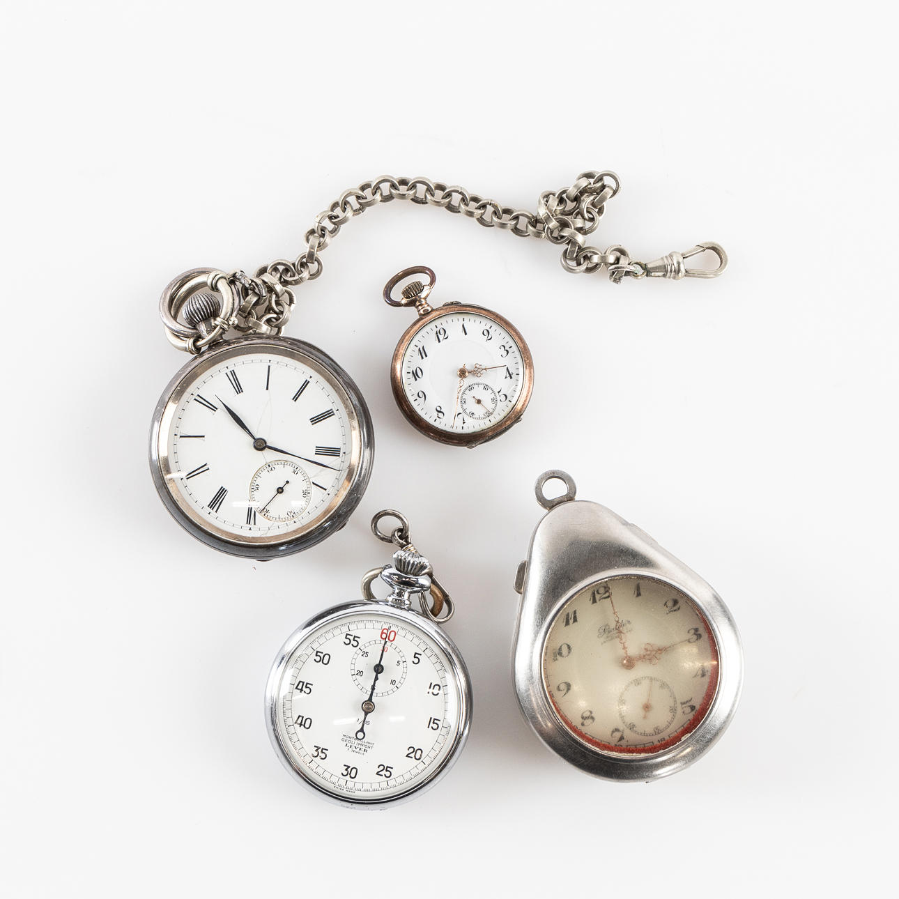 Pocket watch, four pieces, Balder, stopwatch, grandma watch and English ...