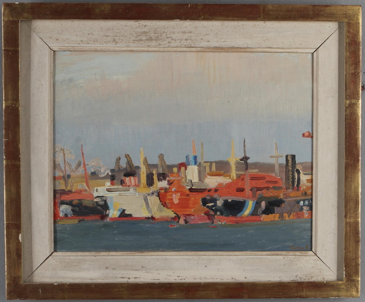 FOLKE PERSSON. "Röda skrov, Göteborgs hamn", olja på duk, signerad.