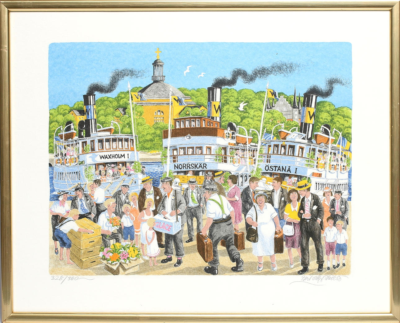 BERT HÅGE HÄVERÖ. Waxholm-, Norrskär- och Östanåbåtarna vid Skeppsbron i Stockholm, färglitografi, signerad och numrerad 328/360.